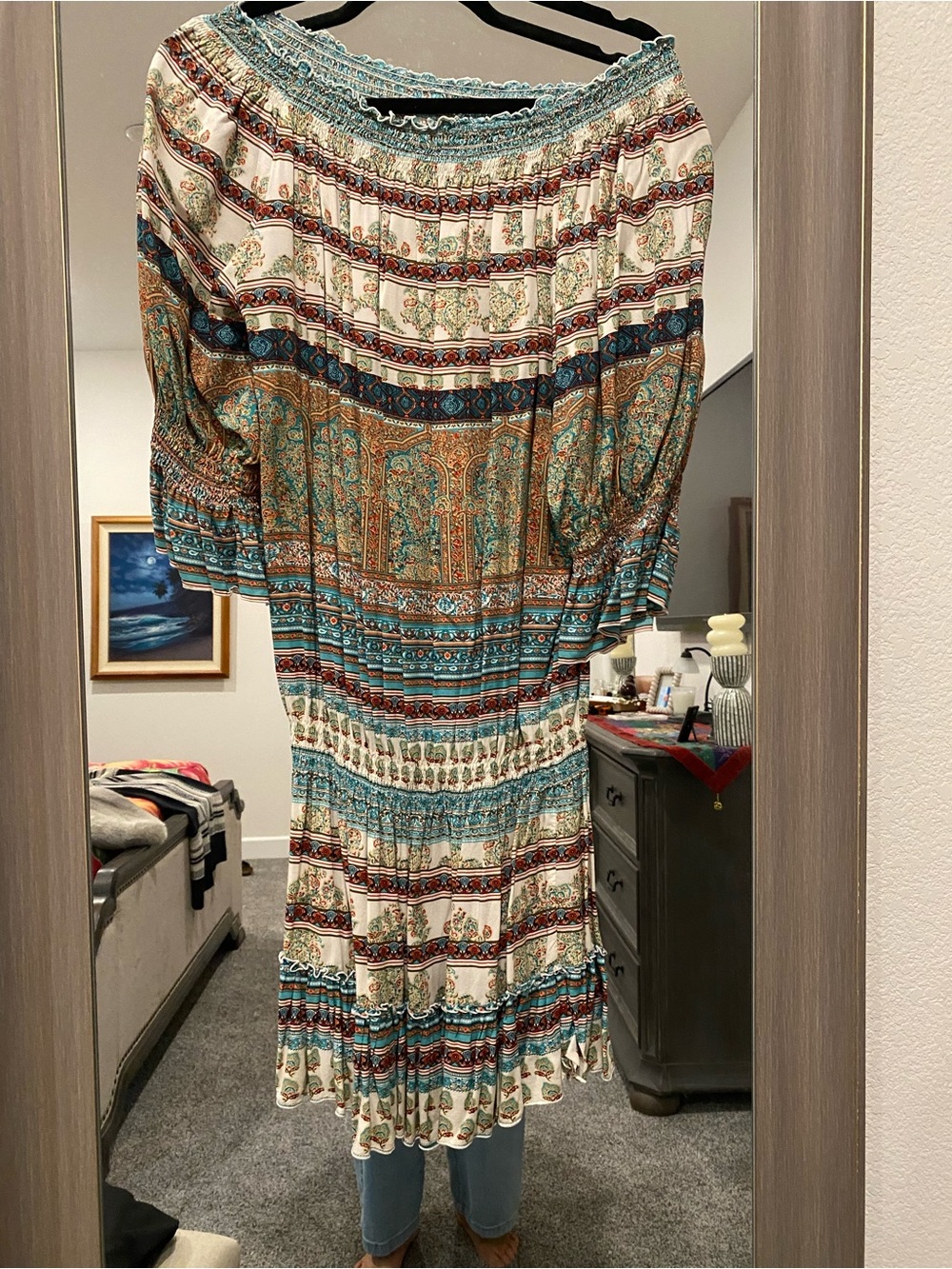 Boho Off-Shoulder Dress in Teal, Brown & Cream